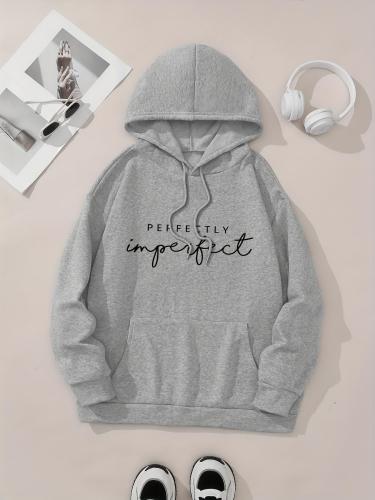 Women's Letter Print Pocket Hoodie, Casual Long Sleeve Hooded Sweatshirt for Fall & Winter, Women's Clothes for Daily Wear