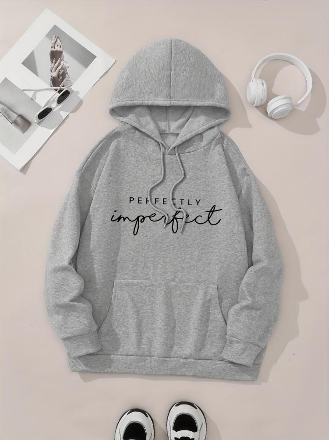Women's Letter Print Pocket Hoodie, Casual Long Sleeve Hooded Sweatshirt for Fall & Winter, Women's Clothes for Daily Wear