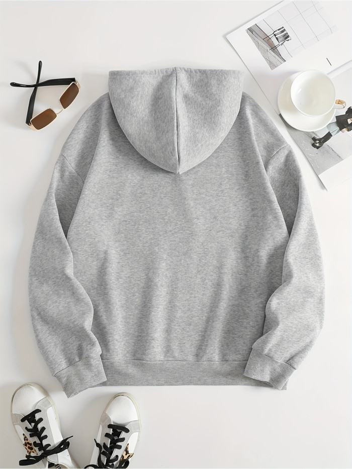 New York Print Solid Color Drawstring Hoodie, Pullover Drawstring Kangaroo Pocket Active Hooded Sweatshirt, Women's Sweatshirts