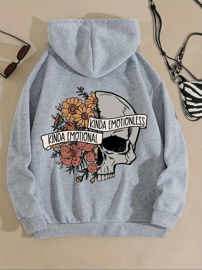 Women's Floral & Skull Print Hoodie, Fashion Casual Hooded Sweatshirt for Daily Holiday Outdoor Wear, Ladies Clothes for Spring & Fall