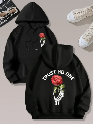 Women's Rose & Skeleton Hand Print Pocket Hoodie, Fashion Casual Hooded Sweatshirt for Daily Holiday Outdoor Wear, Women Clothing for Fall & Winter