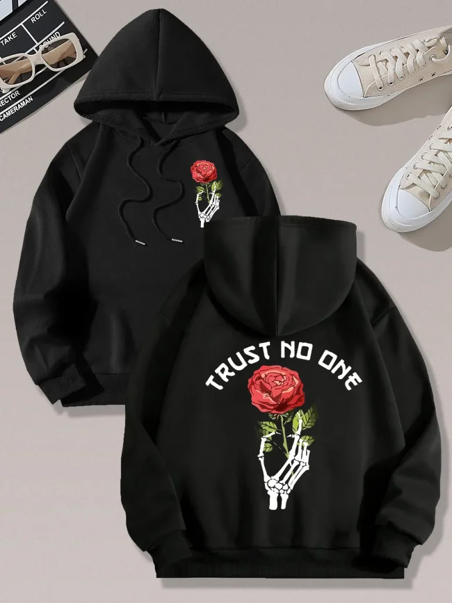 Women's Rose & Skeleton Hand Print Pocket Hoodie, Fashion Casual Hooded Sweatshirt for Daily Holiday Outdoor Wear, Women Clothing for Fall & Winter