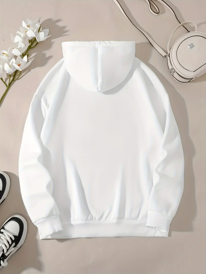 New York Print Solid Color Drawstring Hoodie, Pullover Drawstring Kangaroo Pocket Active Hooded Sweatshirt, Women's Sweatshirts