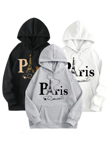 Unisex Paris Print Hooded Sweatshirt, Casual Style Long Sleeve Pullover with Drawstring and Front Pocket for Women, Sporty Athletic Hoodie For Fall & Winter