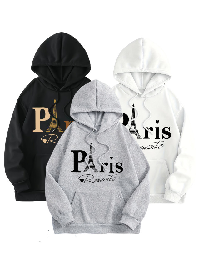 Unisex Paris Print Hooded Sweatshirt, Casual Style Long Sleeve Pullover with Drawstring and Front Pocket for Women, Sporty Athletic Hoodie For Fall & Winter