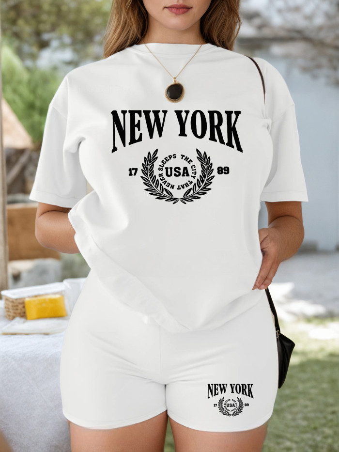 Women's Casual Short Sleeve T-Shirt - Round Neck Summer Top with Bold  NEW YORK  Letter Print, Breathable White Tee for Casual Attire, Machine Washable, Ladies T Shirts, Comfortable Clothing, Relaxed Fit Shirt, Smooth Texture