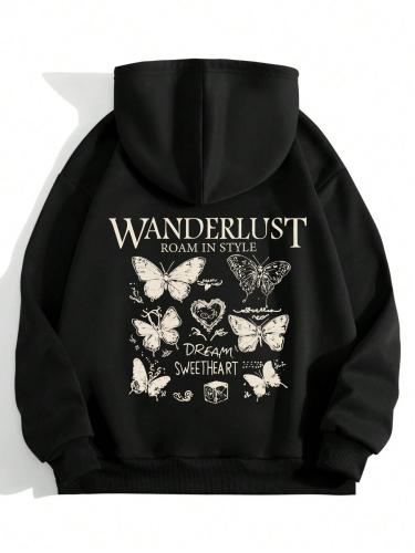 Women's Butterfly Print Hoodie, Fashion Casual Hooded Sweatshirt for Daily Holiday Outdoor Wear, Women Clothing for Fall & Winter