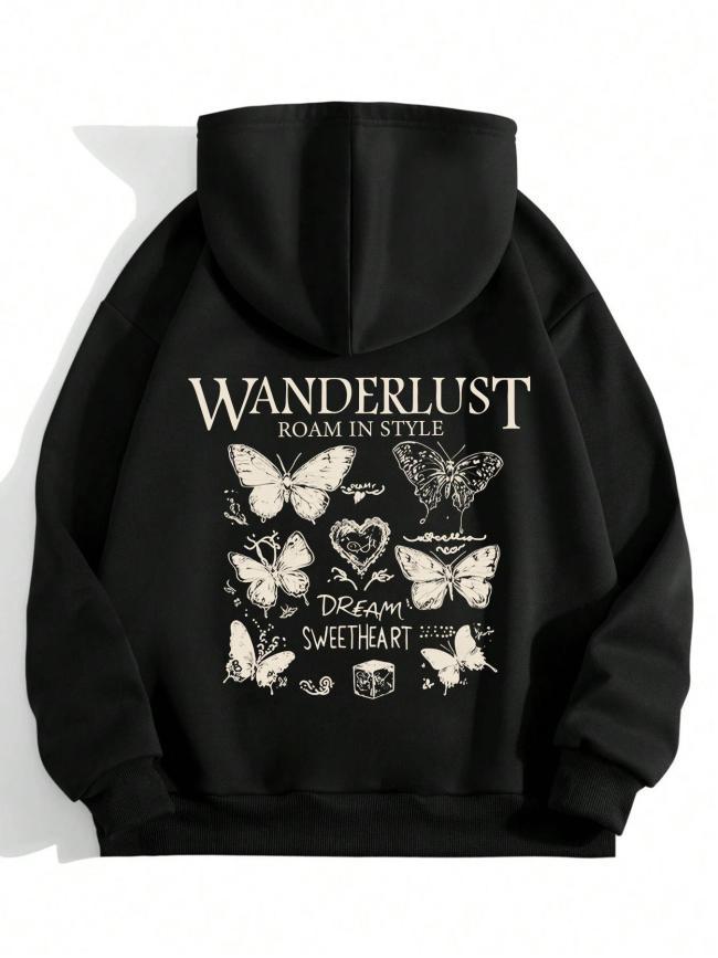 Women's Butterfly Print Hoodie, Fashion Casual Hooded Sweatshirt for Daily Holiday Outdoor Wear, Women Clothing for Fall & Winter