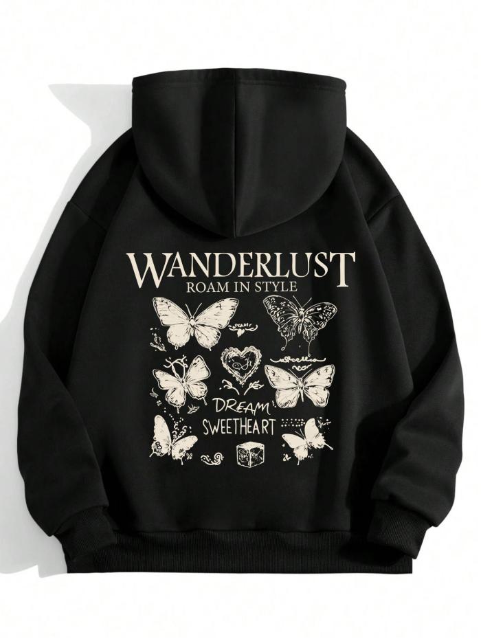 Women's Butterfly Print Hoodie, Fashion Casual Hooded Sweatshirt for Daily Holiday Outdoor Wear, Women Clothing for Fall & Winter
