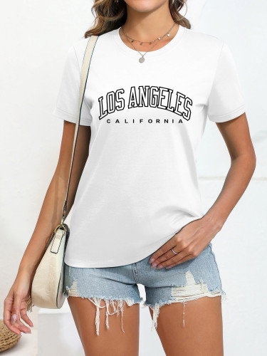 LOS ANGELES Print Short Sleeve T-Shirt - Casual Semi-Sheer Top with Cartoon Design, Machine Washable for Spring Summer Fall