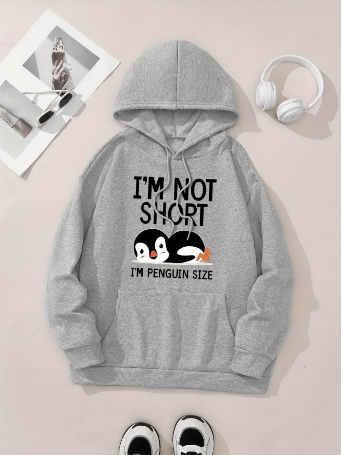 Women's Penguin & Letter Print Hoodie, Casual Long Sleeve Hooded Sweatshirt for Fall & Winter, Women's Clothes for Daily Wear