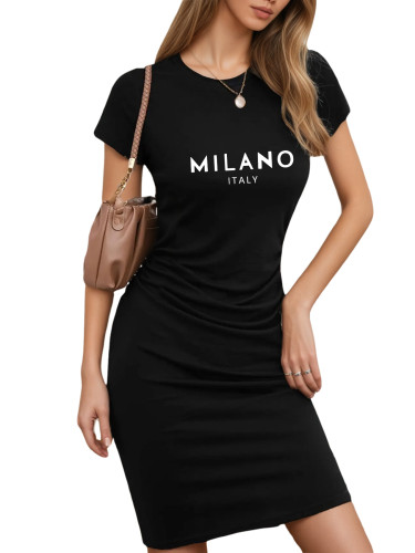Women's Casual MILANO Letter Print Midi T-Shirt Dress - Slim Fit Round Neck Short Sleeves, Lightweight Breathable Fabric, Machine Washable, Suitable for Spring and Summer, Casual Wear, Comfortable Daily Wear
