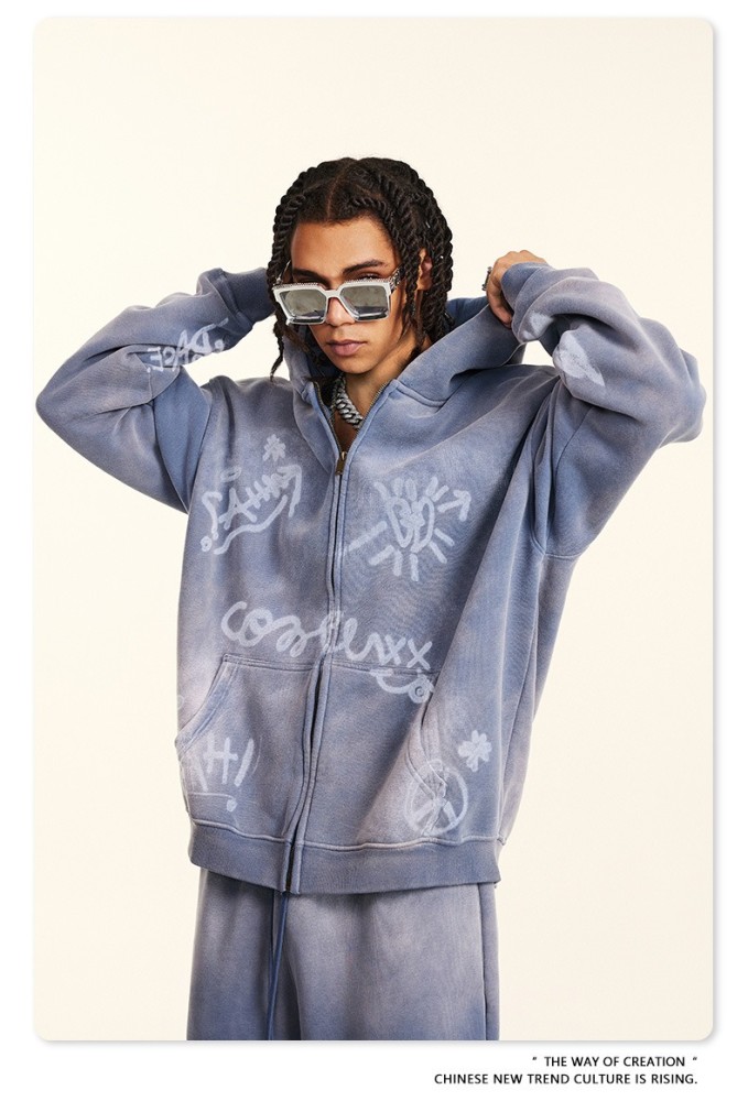 Men's Vintage Acid Wash Zip Up Hoodie, Graffiti Graphic Oversized Hooded Sweatshirt, Y2K Harajuku Streetwear Full Zip Jacket with Pockets