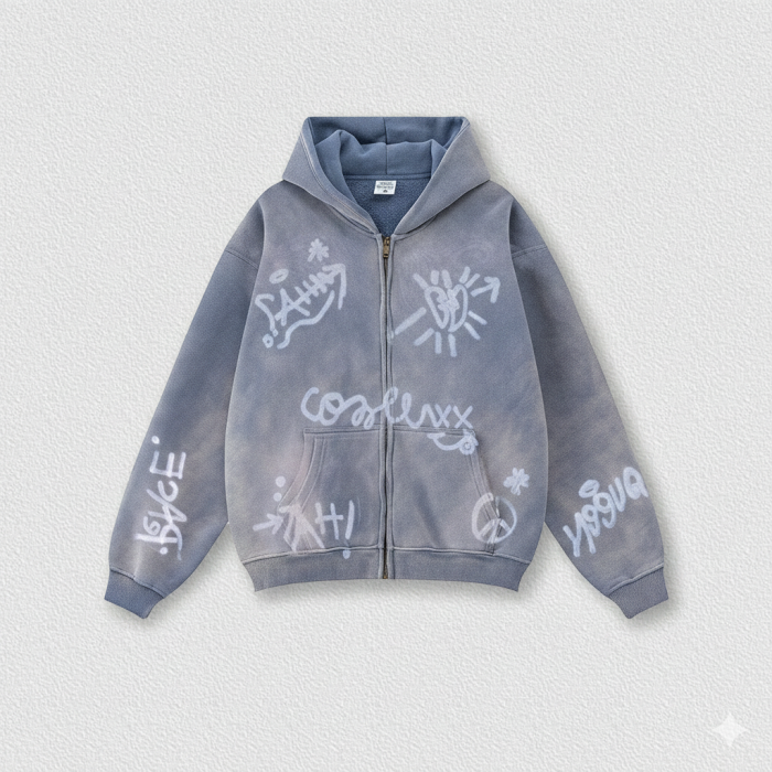Men's Vintage Acid Wash Zip Up Hoodie, Graffiti Graphic Oversized Hooded Sweatshirt, Y2K Harajuku Streetwear Full Zip Jacket with Pockets