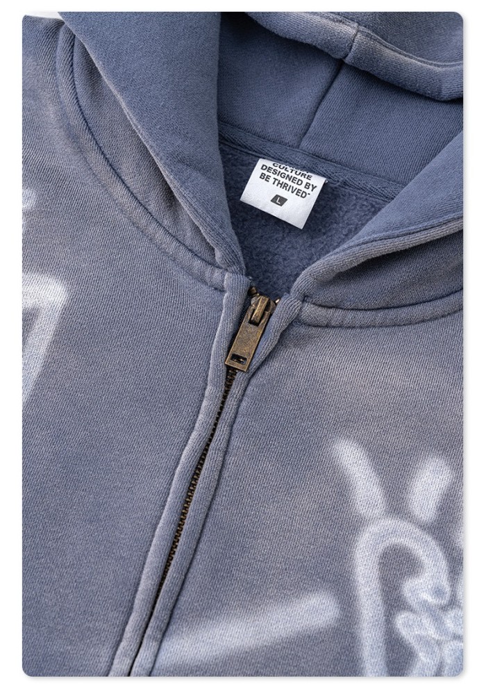 Men's Vintage Acid Wash Zip Up Hoodie, Graffiti Graphic Oversized Hooded Sweatshirt, Y2K Harajuku Streetwear Full Zip Jacket with Pockets