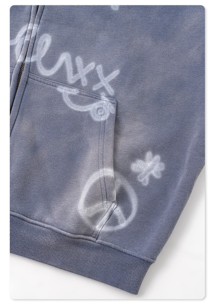 Men's Vintage Acid Wash Zip Up Hoodie, Graffiti Graphic Oversized Hooded Sweatshirt, Y2K Harajuku Streetwear Full Zip Jacket with Pockets