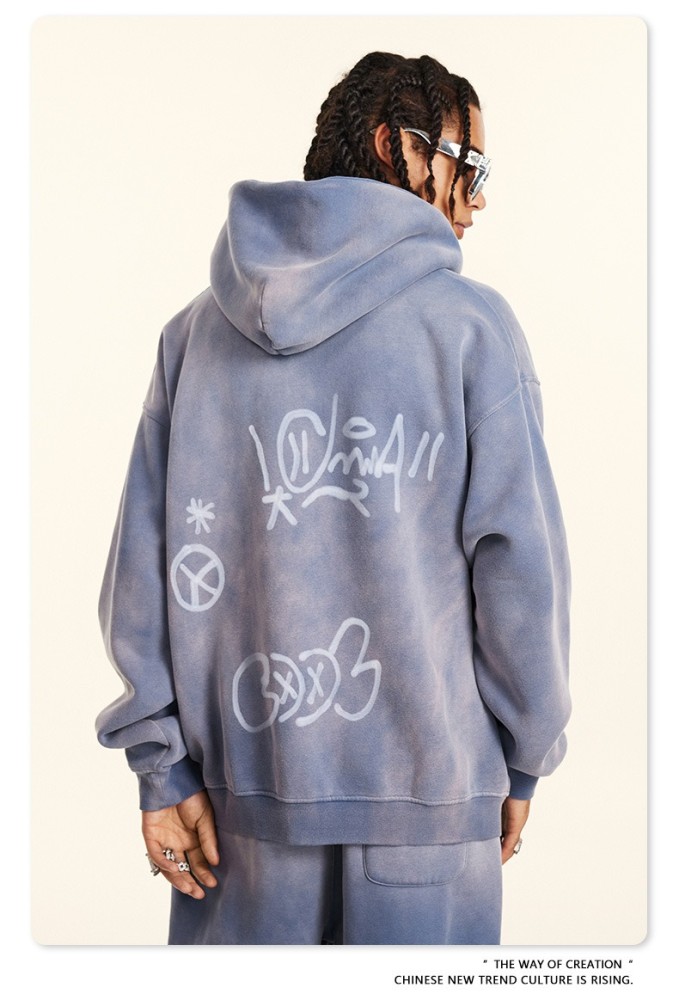 Men's Vintage Acid Wash Zip Up Hoodie, Graffiti Graphic Oversized Hooded Sweatshirt, Y2K Harajuku Streetwear Full Zip Jacket with Pockets