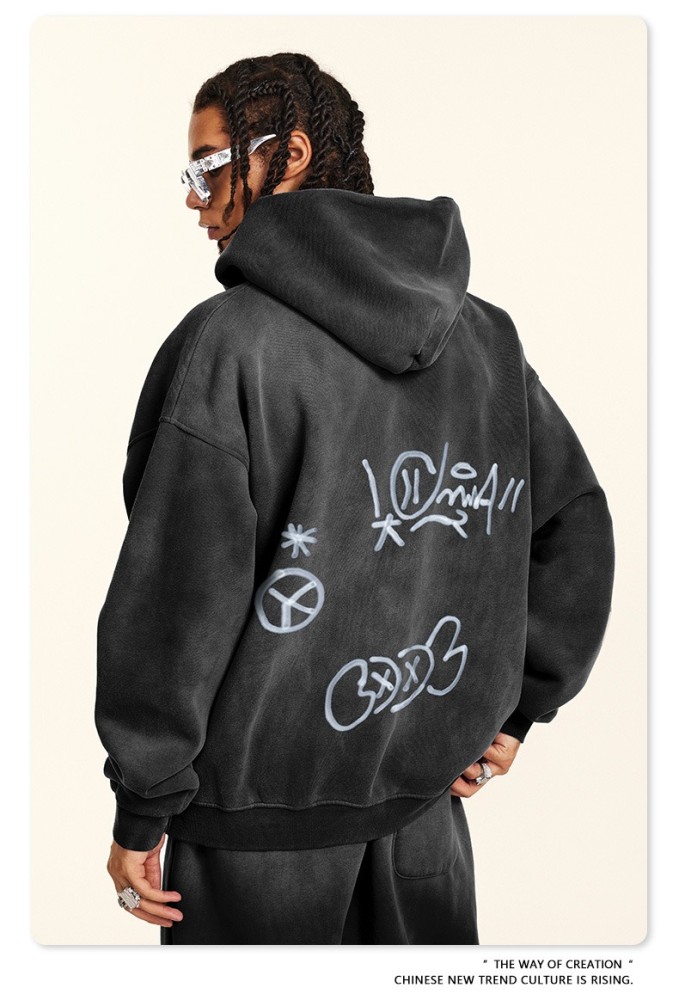 Men's Vintage Acid Wash Zip Up Hoodie, Graffiti Graphic Oversized Hooded Sweatshirt, Y2K Harajuku Streetwear Full Zip Jacket with Pockets