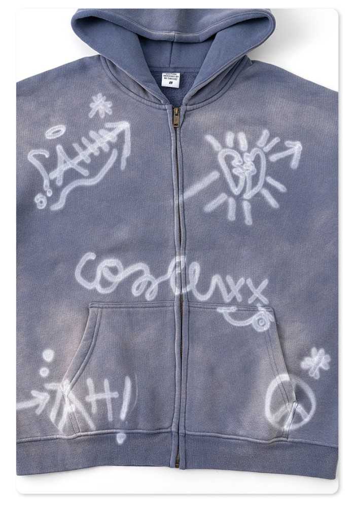 Men's Vintage Acid Wash Zip Up Hoodie, Graffiti Graphic Oversized Hooded Sweatshirt, Y2K Harajuku Streetwear Full Zip Jacket with Pockets