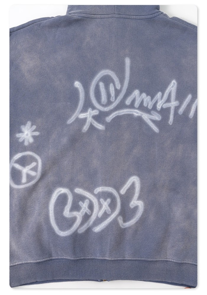 Men's Vintage Acid Wash Zip Up Hoodie, Graffiti Graphic Oversized Hooded Sweatshirt, Y2K Harajuku Streetwear Full Zip Jacket with Pockets