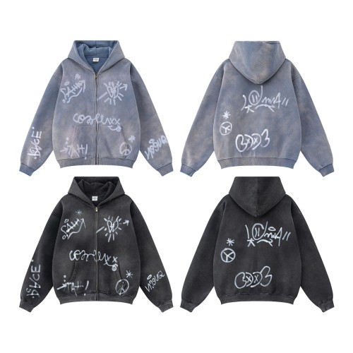 Men's Vintage Acid Wash Zip Up Hoodie, Graffiti Graphic Oversized Hooded Sweatshirt, Y2K Harajuku Streetwear Full Zip Jacket with Pockets
