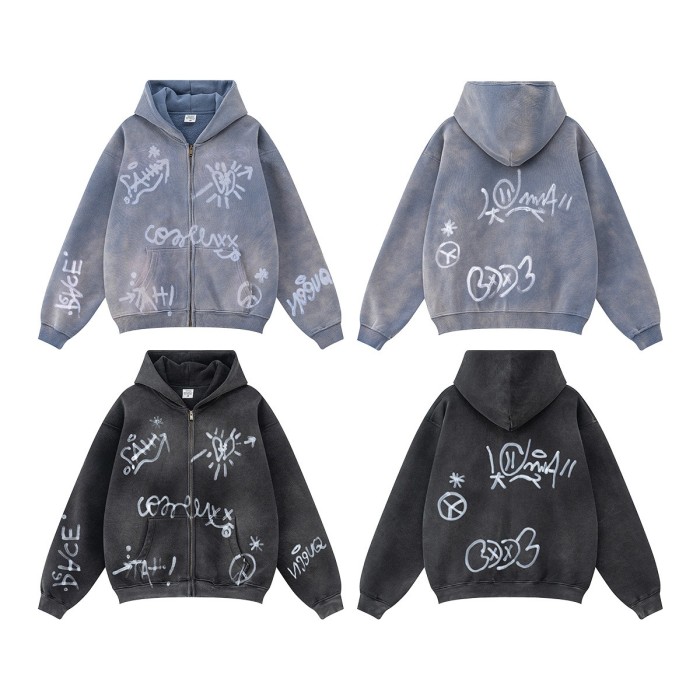 Men's Vintage Acid Wash Zip Up Hoodie, Graffiti Graphic Oversized Hooded Sweatshirt, Y2K Harajuku Streetwear Full Zip Jacket with Pockets