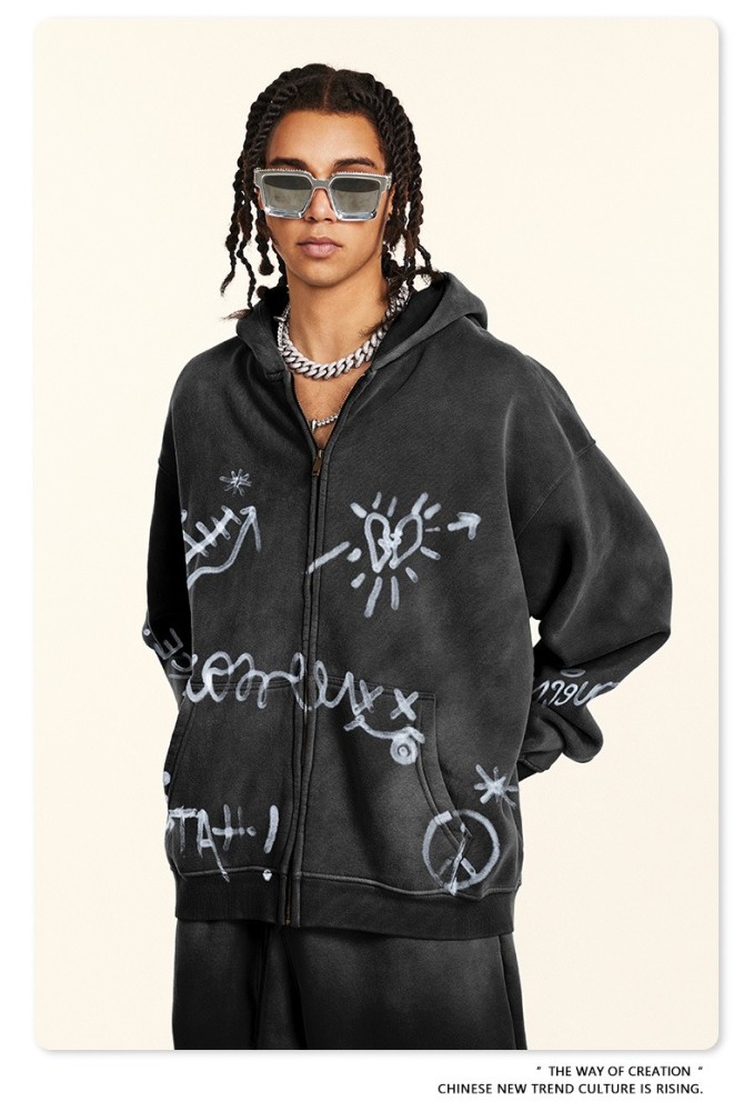 Men's Vintage Acid Wash Zip Up Hoodie, Graffiti Graphic Oversized Hooded Sweatshirt, Y2K Harajuku Streetwear Full Zip Jacket with Pockets