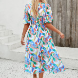 Fashion Print Crewneck Midi Dress