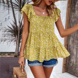 Chic Square Neck Floral Print Chiffon Tops