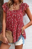 Chic Square Neck Floral Print Chiffon Tops