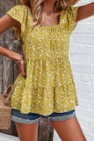 Chic Square Neck Floral Print Chiffon Tops