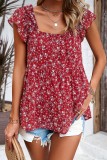 Chic Square Neck Floral Print Chiffon Tops