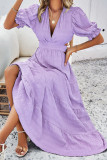 V-Neck Ruched Dress With Puffy Sleeves