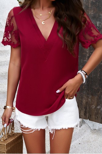 Chic Lace Short Sleeve V neck Tops