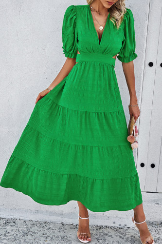 V-Neck Ruched Dress With Puffy Sleeves