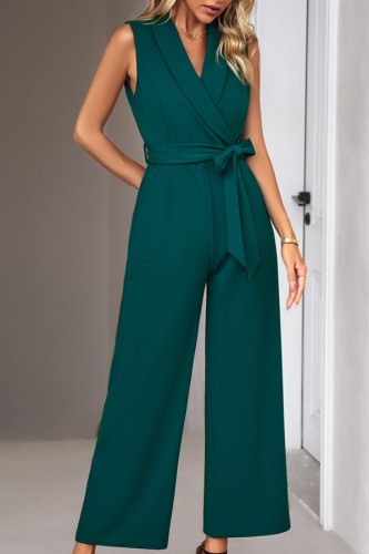 Chic V Neck Tie Waist Wide Leg Jumpsuits