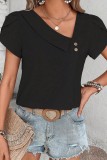Button Detal Puff Sleeve V neck Tops