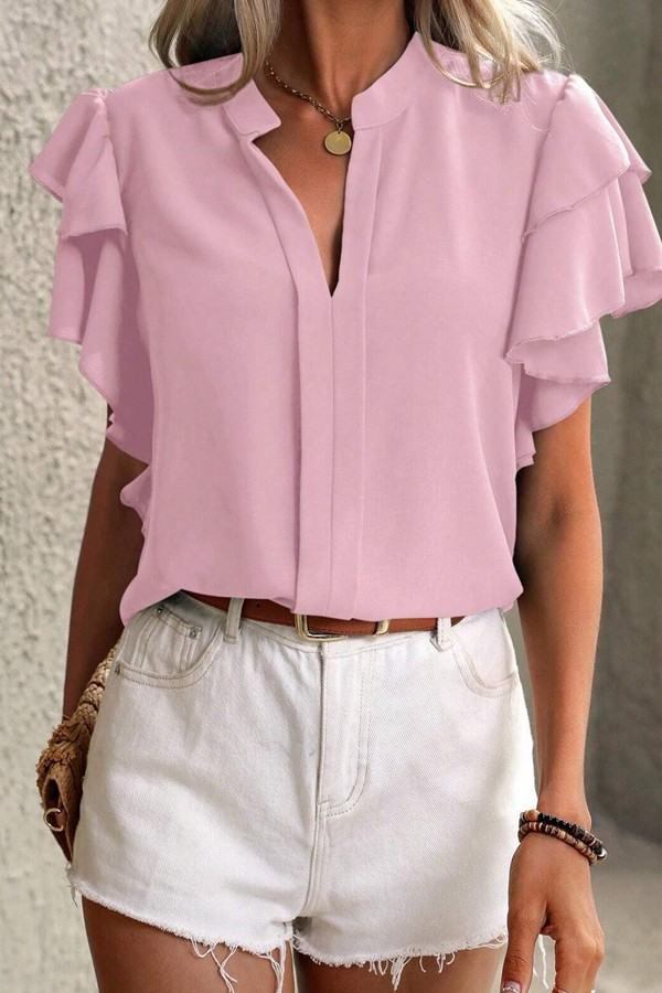 V neck Ruffle Sleeve Tops