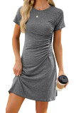 Round Necked Pleated Slim Fit Short Sleeved Dress