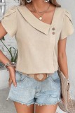 Button Detal Puff Sleeve V neck Tops