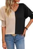 V-Neck Loose Tie Bat Sleeve Color Blocking Top