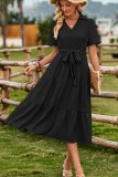 Lapel V neck Ruffle Swing Dress