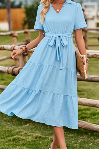 Lapel V neck Ruffle Swing Dress