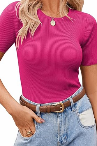 Basic Slim Fit Tops Crewneck Ribbed Knit T Shirt