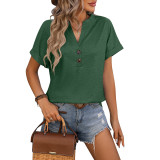 V-Neck Button Solid Colored Cotton Short Sleeves
