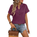 V-Neck Button Solid Colored Cotton Short Sleeves