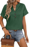 V-Neck Button Solid Colored Cotton Short Sleeves