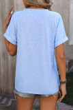 V-Neck Button Solid Colored Cotton Short Sleeves