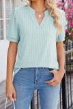 Solid V neck Ribbed Loose Fit Short Sleeve Tops