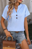 V-Neck Button Solid Colored Cotton Short Sleeves